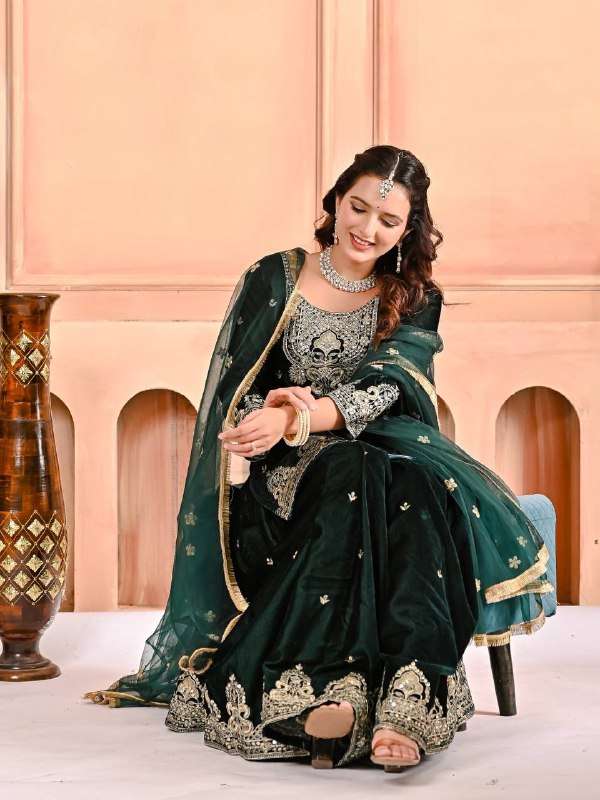 rudraksh indian velvet designer stitched green sharara suit rudraksh indian velvet designer stitched green sharara suit