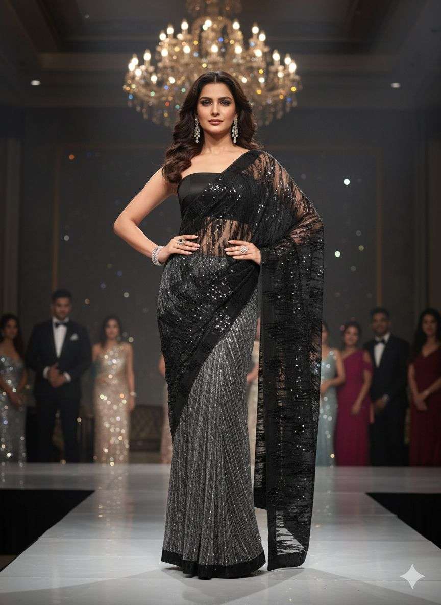 rudraksh imported fabric beautiful half half with full heavy sequins work party wear saree rudraksh imported fabric beautiful half half with full heavy sequins work party wear saree