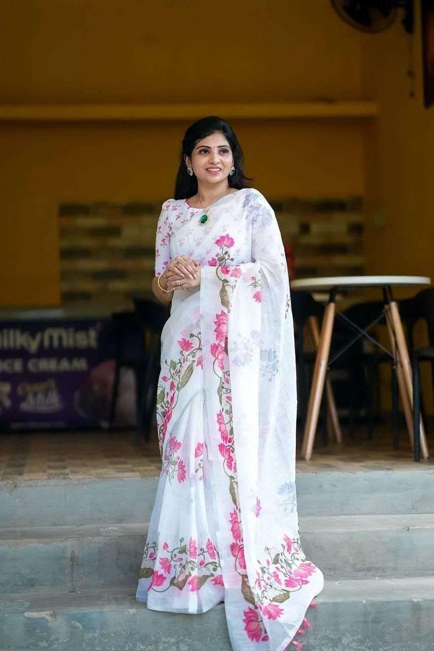 rudraksh lotus & cow pure and quality linen fabric with beautiful and fancy digital print regular wear saree rudraksh lotus & cow pure and quality linen fabric with beautiful and fancy digital print regular wear saree