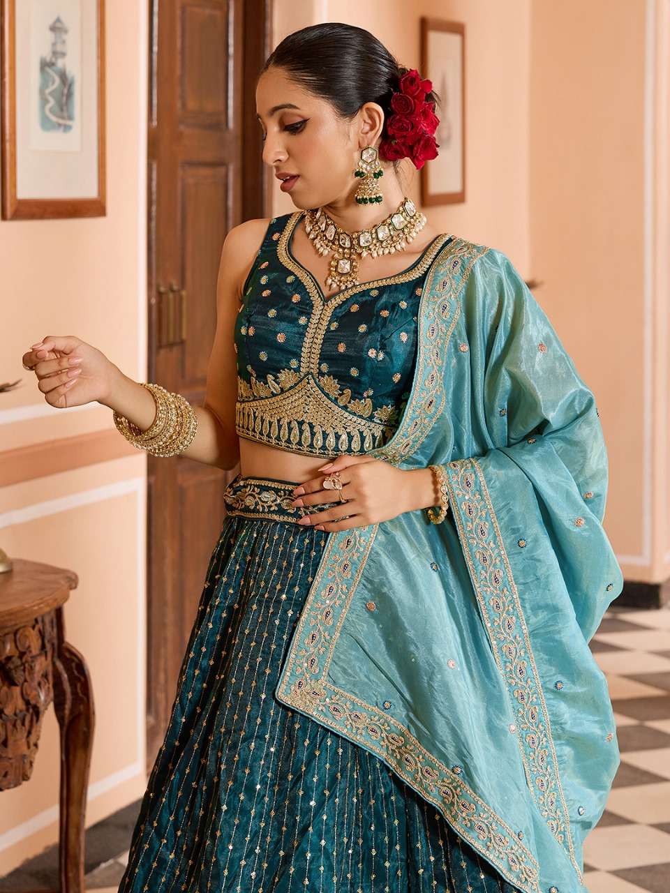 rudraksh step into royal elegance with this stunning tissue silk fabric sequins embroidered lehenga rudraksh step into royal elegance with this stunning tissue silk fabric sequins embroidered lehenga