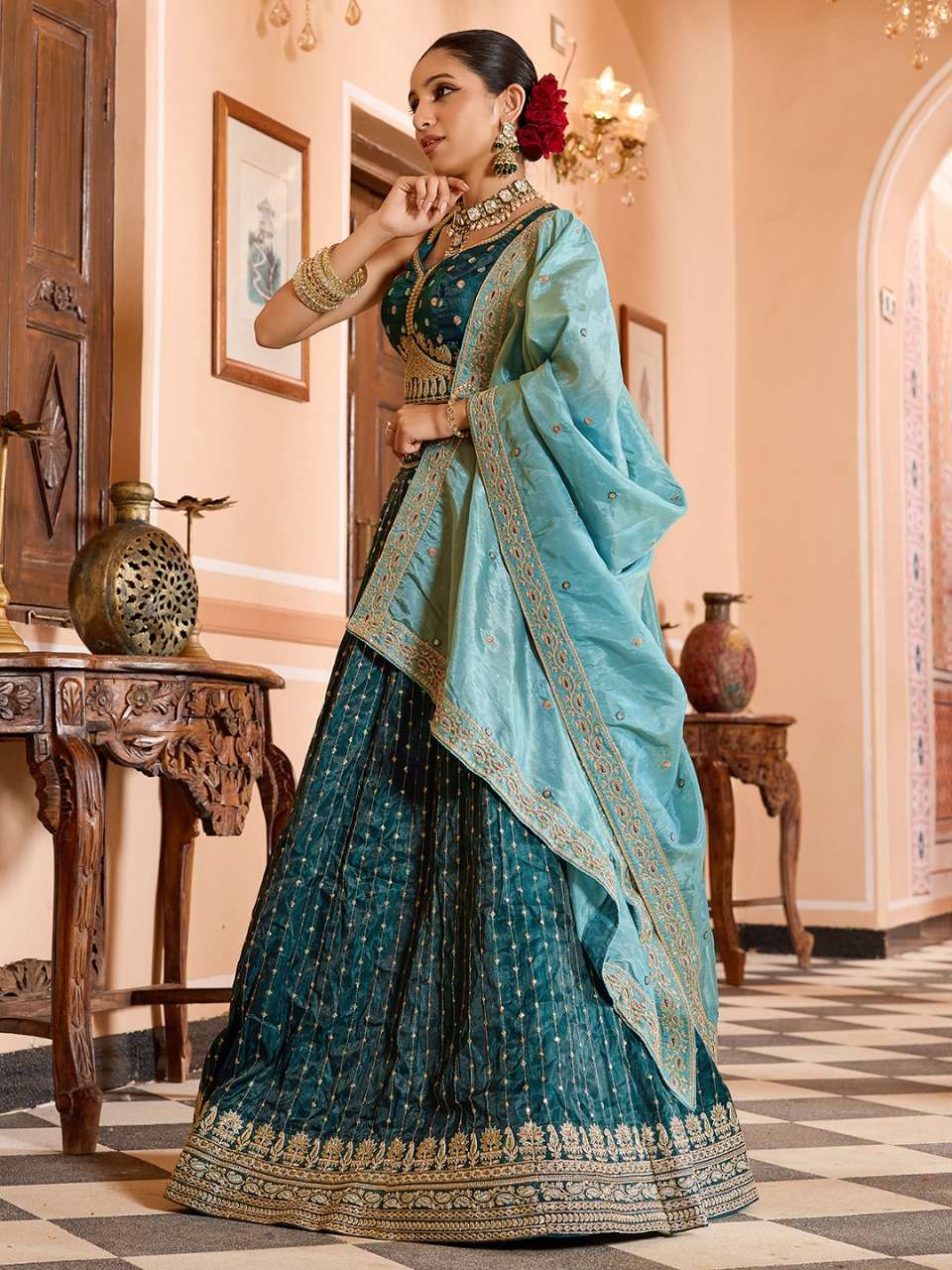 rudraksh step into royal elegance with this stunning tissue silk fabric sequins embroidered lehenga rudraksh step into royal elegance with this stunning tissue silk fabric sequins embroidered lehenga