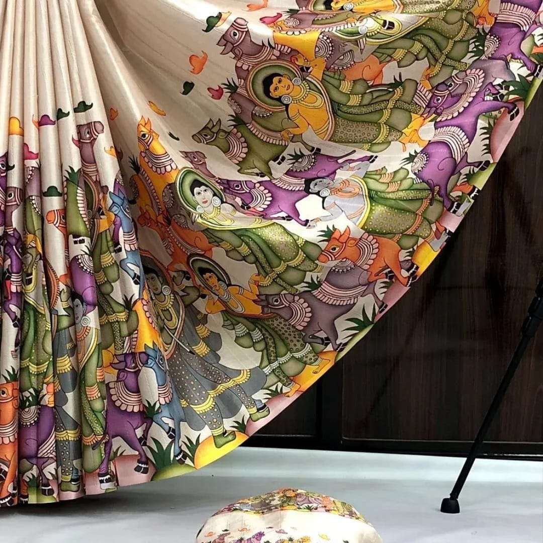 rudraksh chic handloom tussar silk fabric iconic and exquisite kalamkari with digital print comes tussle on pallu regular wear saree rudraksh chic handloom tussar silk fabric iconic and exquisite kalamkari with digital print comes tussle on pallu regular wear saree