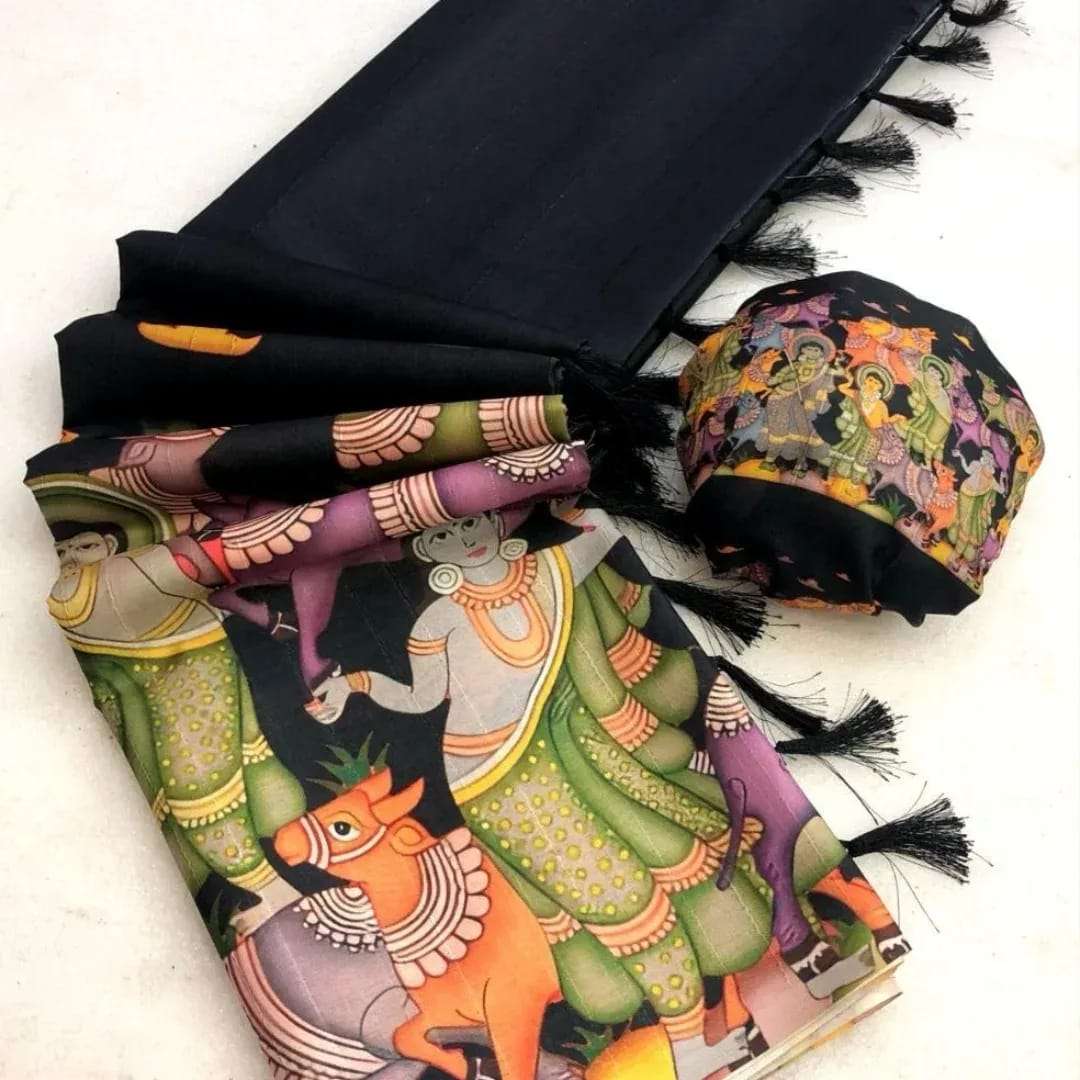 rudraksh chic handloom tussar silk fabric iconic and exquisite kalamkari with digital print comes tussle on pallu regular wear saree rudraksh chic handloom tussar silk fabric iconic and exquisite kalamkari with digital print comes tussle on pallu regular wear saree