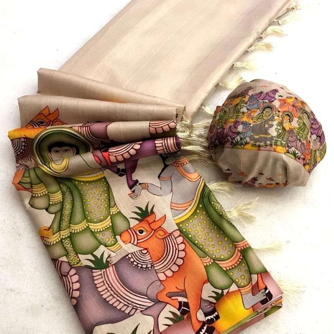 rudraksh chic handloom tussar silk fabric iconic and exquisite kalamkari with digital print comes tussle on pallu regular wear saree rudraksh chic handloom tussar silk fabric iconic and exquisite kalamkari with digital print comes tussle on pallu regular wear saree