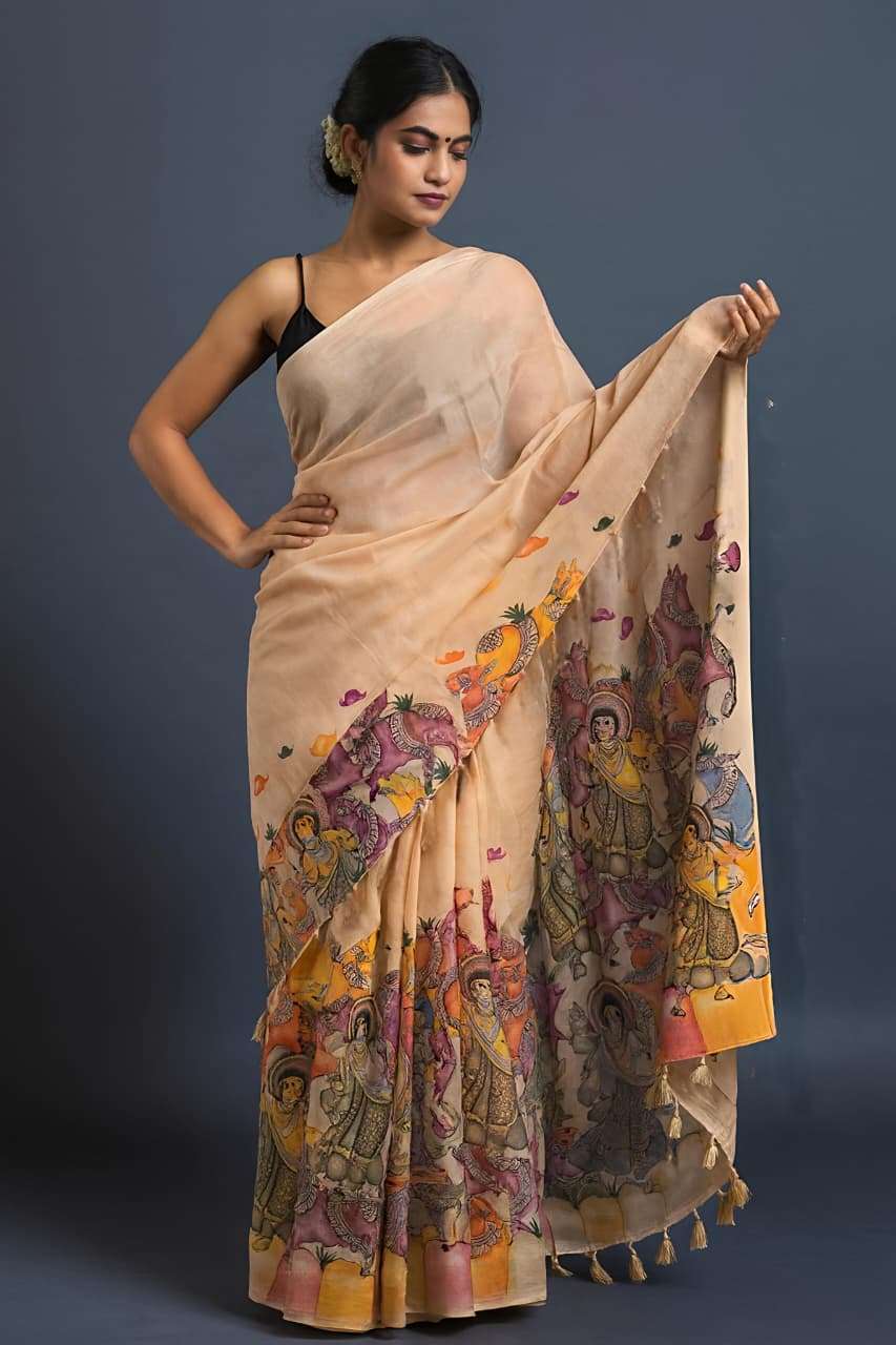 rudraksh chic handloom tussar silk fabric iconic and exquisite kalamkari with digital print comes tussle on pallu regular wear saree rudraksh chic handloom tussar silk fabric iconic and exquisite kalamkari with digital print comes tussle on pallu regular wear saree