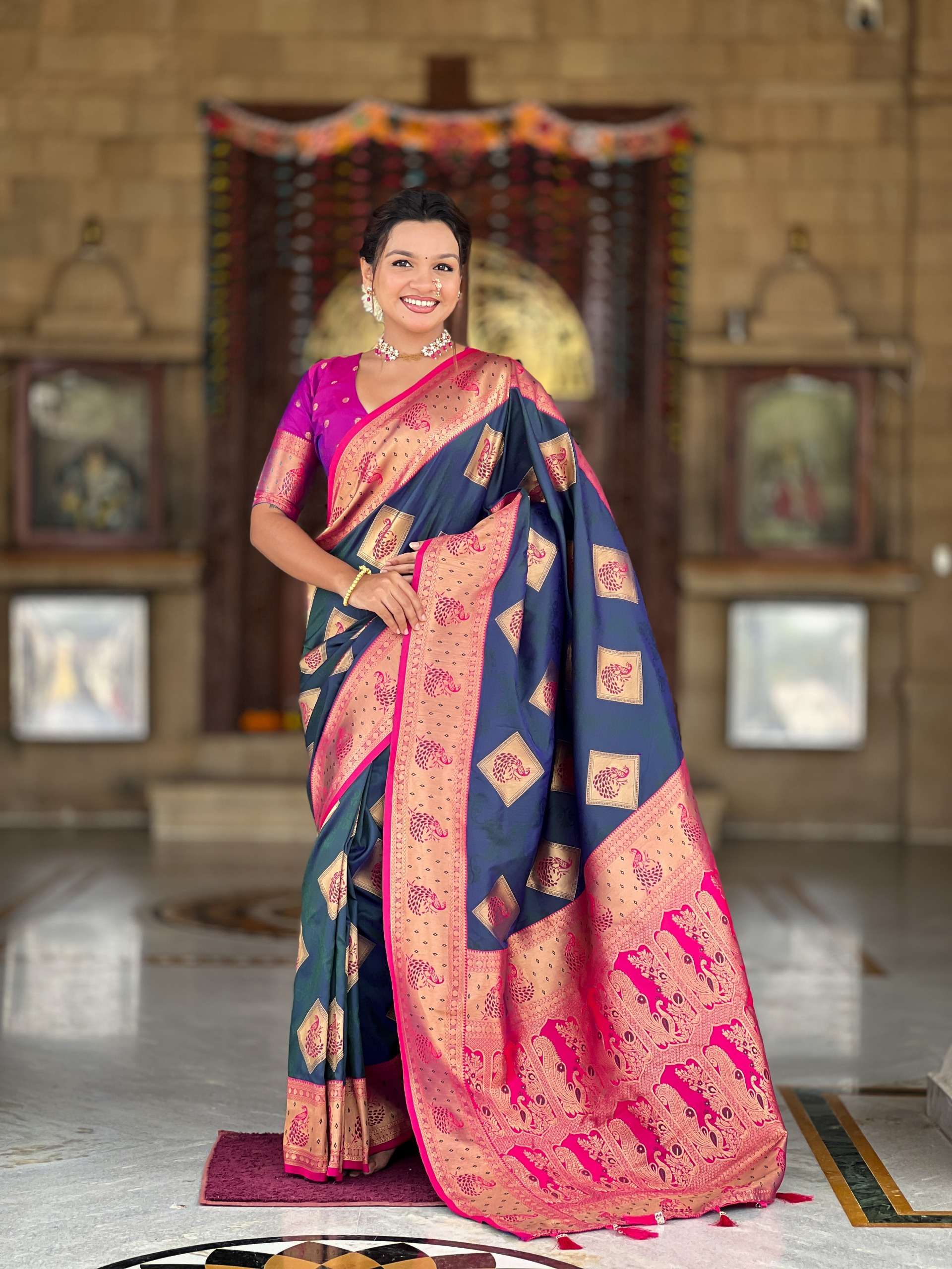 rudraksh apurva soft banarasi silk fabric with zari weaving small motifs design all over the saree rudraksh apurva soft banarasi silk fabric with zari weaving small motifs design all over the saree