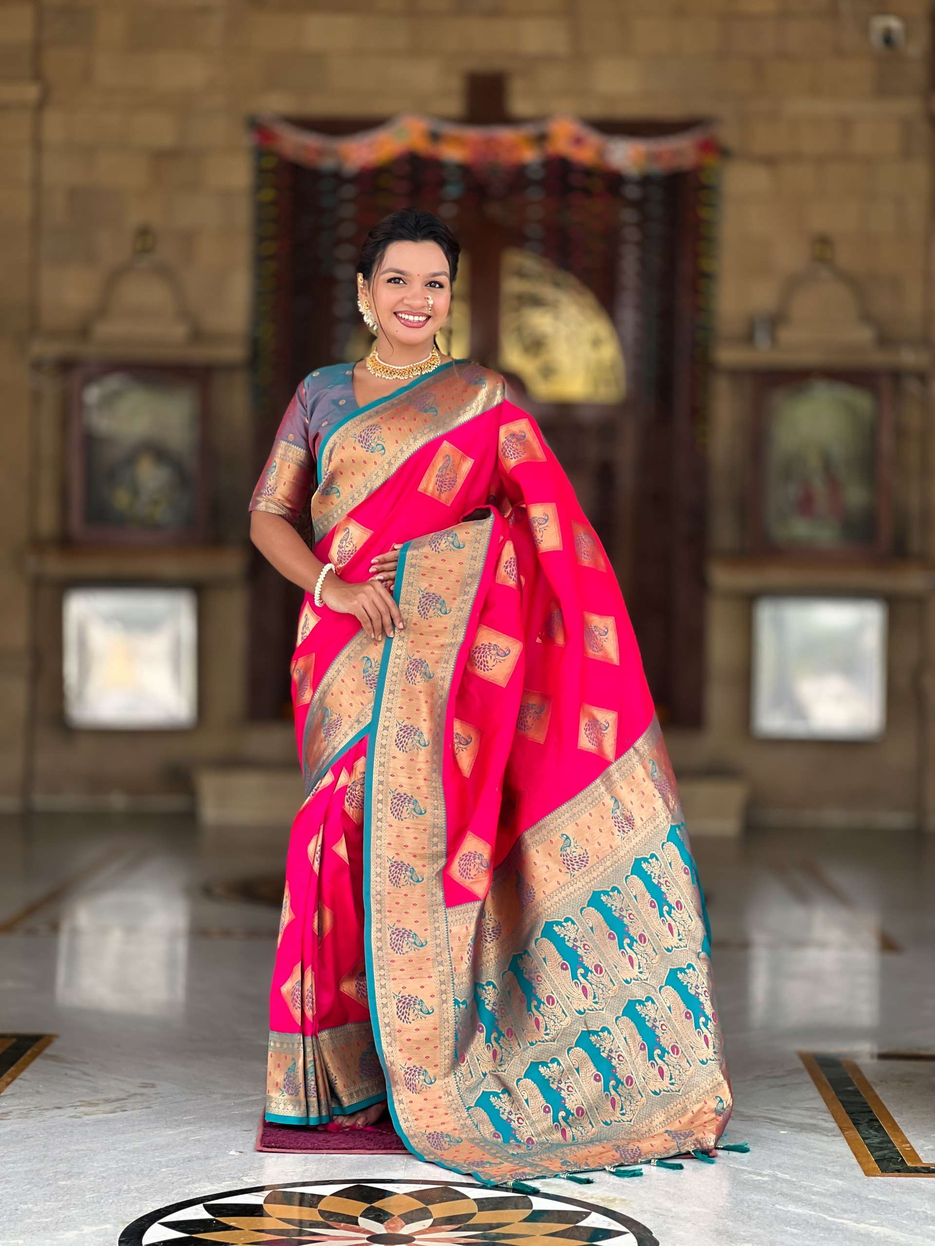 rudraksh apurva soft banarasi silk fabric with zari weaving small motifs design all over the saree rudraksh apurva soft banarasi silk fabric with zari weaving small motifs design all over the saree