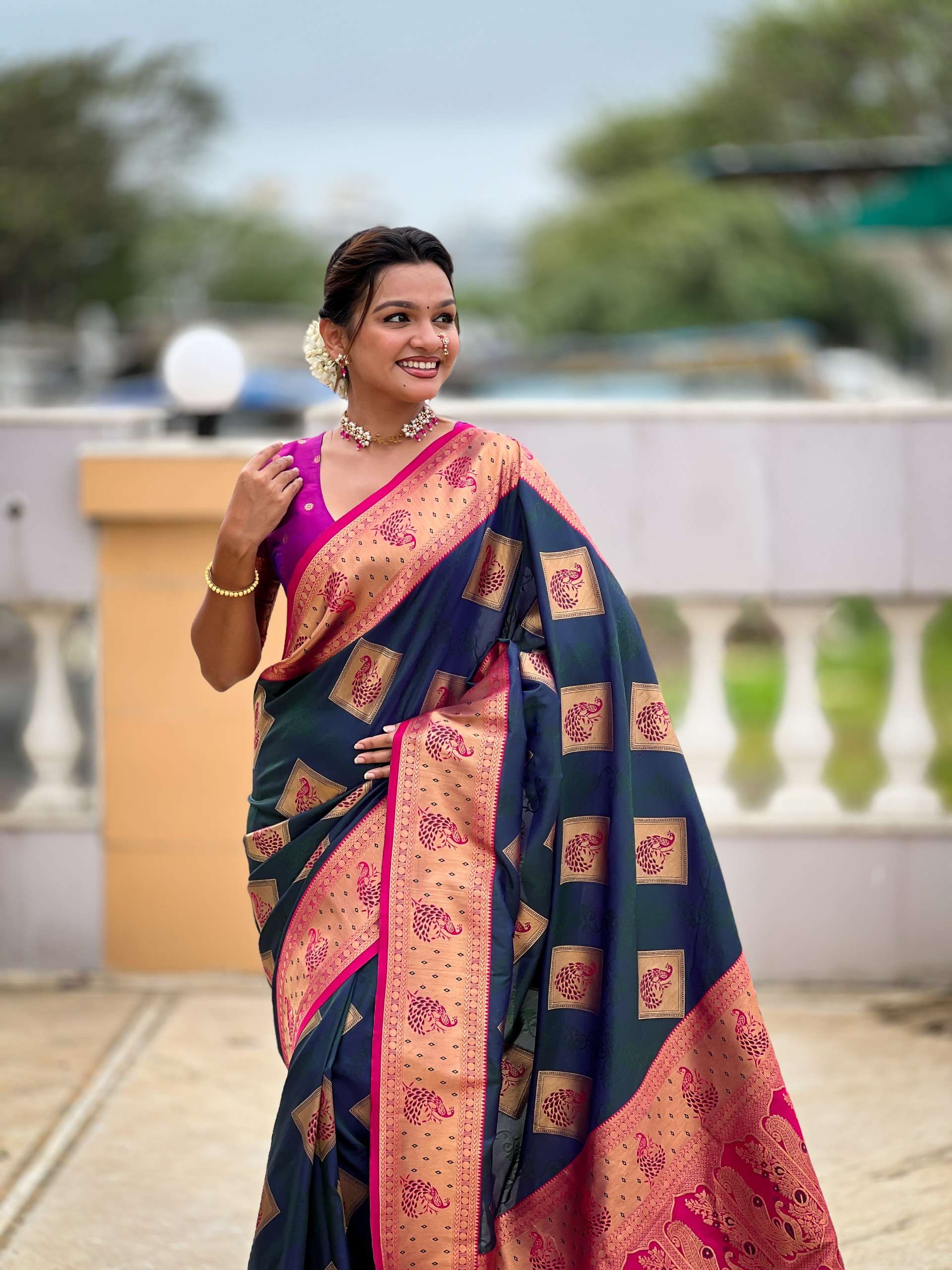 rudraksh apurva soft banarasi silk fabric with zari weaving small motifs design all over the saree rudraksh apurva soft banarasi silk fabric with zari weaving small motifs design all over the saree