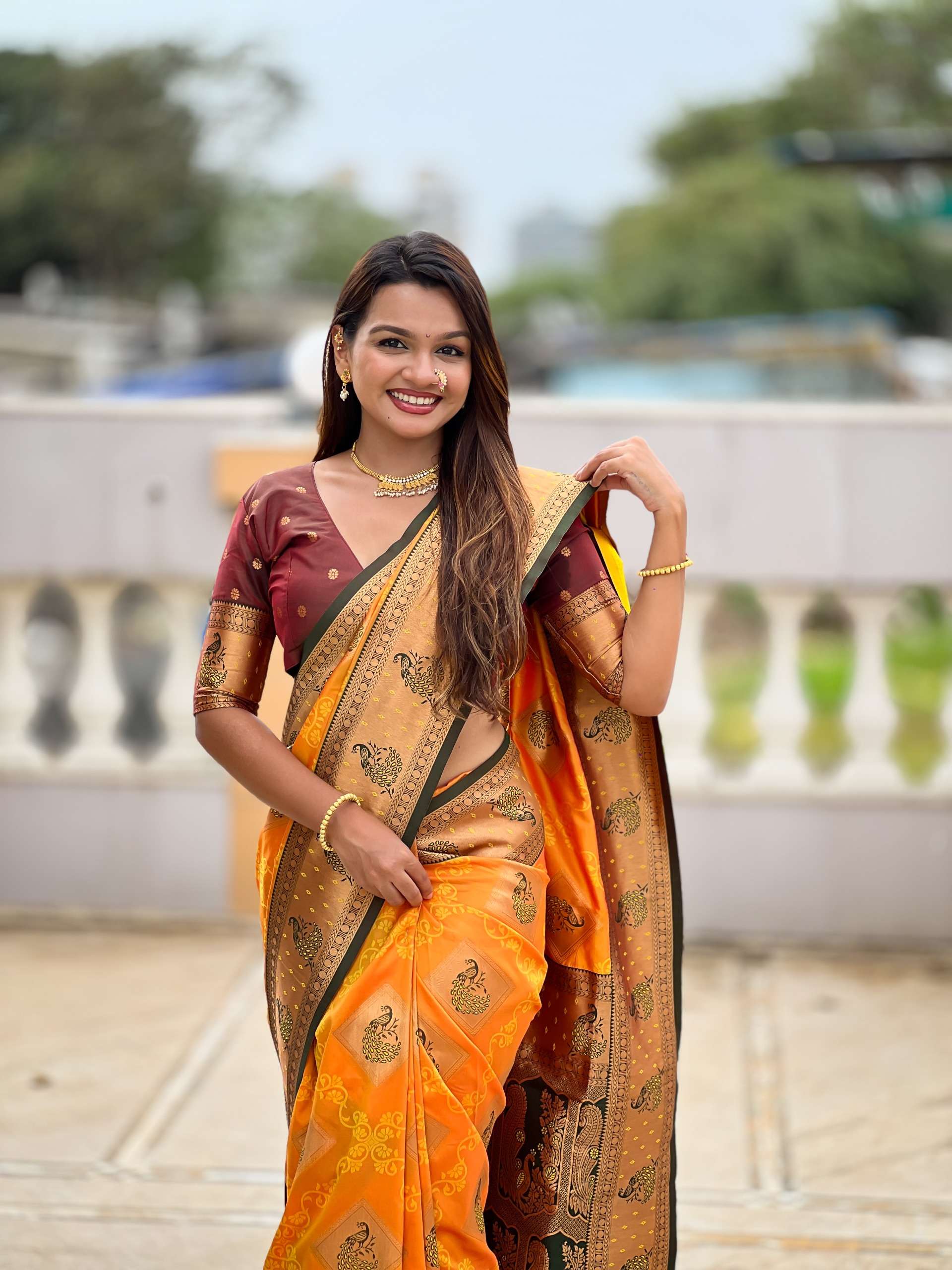 rudraksh apurva soft banarasi silk fabric with zari weaving small motifs design all over the saree rudraksh apurva soft banarasi silk fabric with zari weaving small motifs design all over the saree
