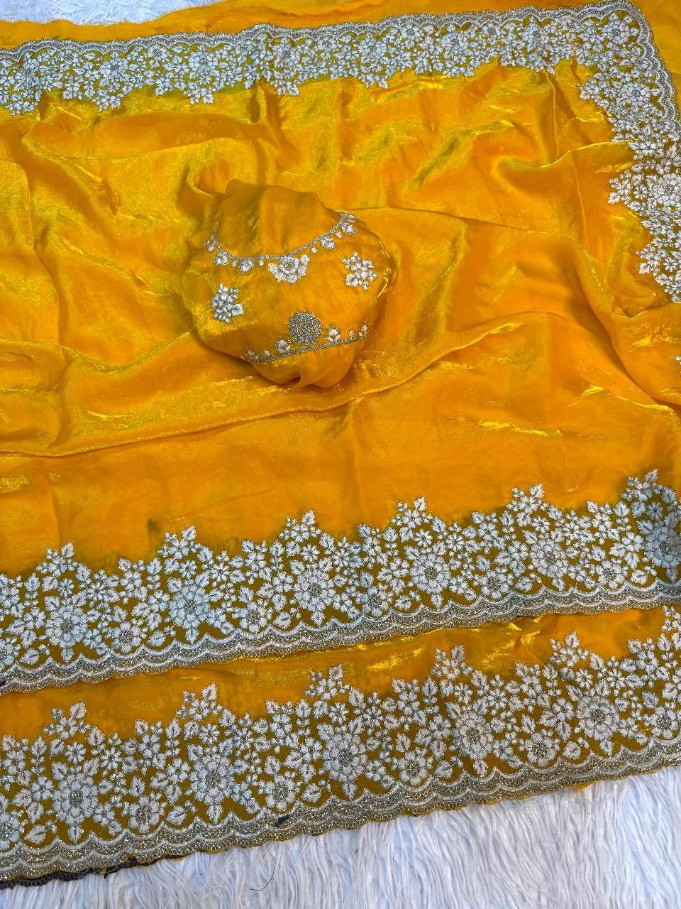 rudraksh haripriya pure fancy satin silk fabric with white coding with heavy shine embroidery work with cut work border saree rudraksh haripriya pure fancy satin silk fabric with white coding with heavy shine embroidery work with cut work border saree