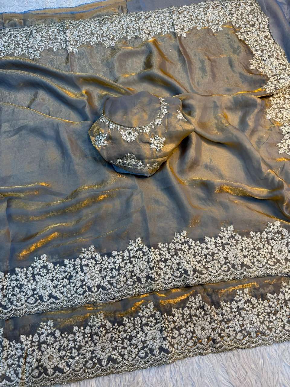 rudraksh haripriya pure fancy satin silk fabric with white coding with heavy shine embroidery work with cut work border saree rudraksh haripriya pure fancy satin silk fabric with white coding with heavy shine embroidery work with cut work border saree