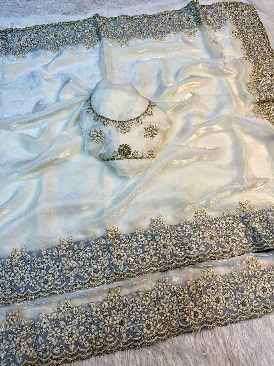 rudraksh haripriya pure fancy satin silk fabric with white coding with heavy shine embroidery work with cut work border saree rudraksh haripriya pure fancy satin silk fabric with white coding with heavy shine embroidery work with cut work border saree