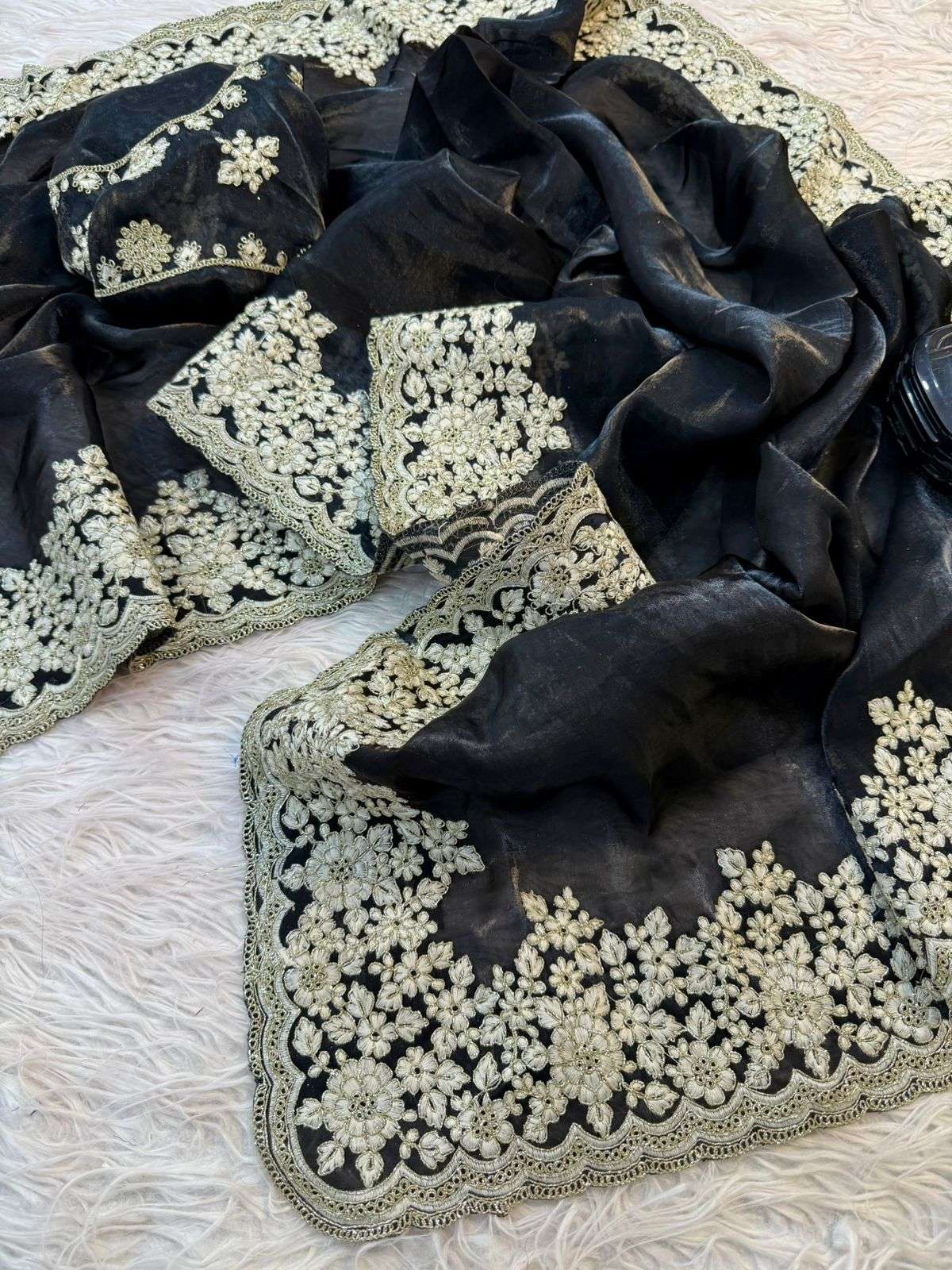 rudraksh haripriya pure fancy satin silk fabric with white coding with heavy shine embroidery work with cut work border saree rudraksh haripriya pure fancy satin silk fabric with white coding with heavy shine embroidery work with cut work border saree