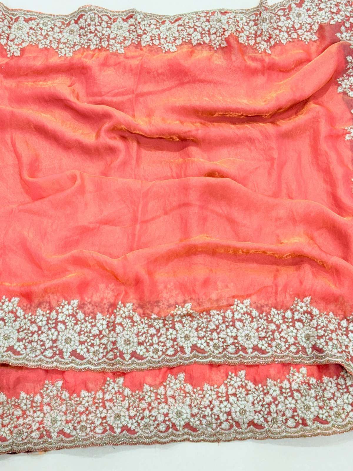 rudraksh haripriya pure fancy satin silk fabric with white coding with heavy shine embroidery work with cut work border saree rudraksh haripriya pure fancy satin silk fabric with white coding with heavy shine embroidery work with cut work border saree