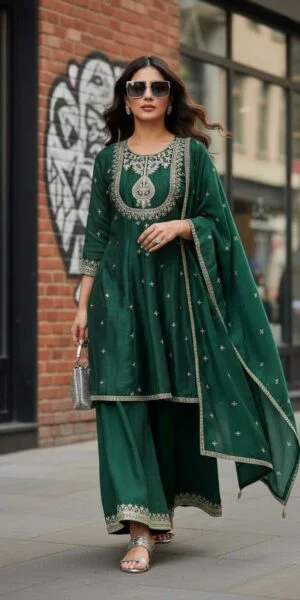 rudraksh violin flair silk designer top palazzo suit traditional collection