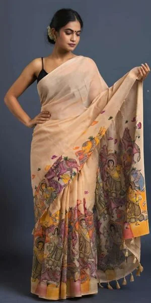 rudraksh chic handloom tussar silk fabric iconic and exquisite kalamkari with digital print comes tussle on pallu regular wear saree