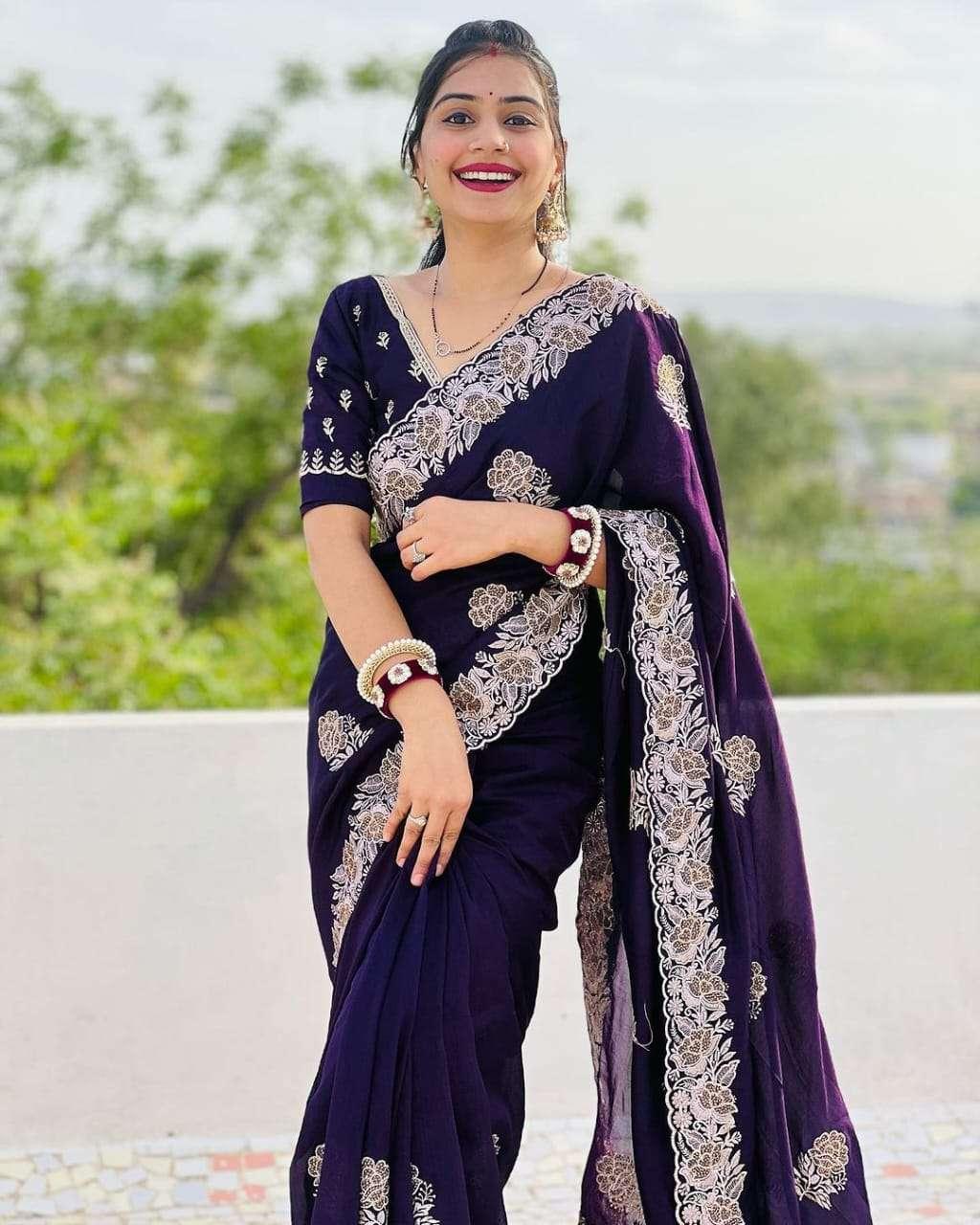 rudraksh blooming vichitra fabric beautiful zari thread with stone work party wear saree