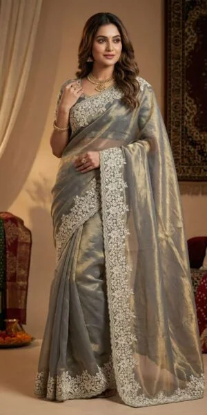 rudraksh haripriya pure fancy satin silk fabric with white coding with heavy shine embroidery work with cut work border saree