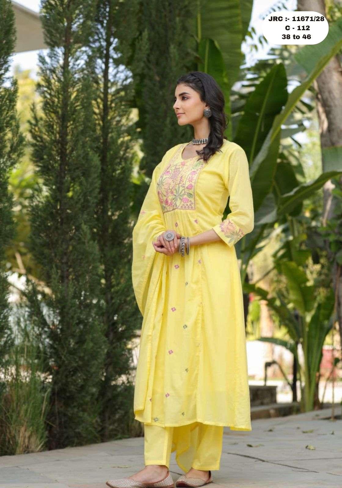 rudraksh pure mul mul white and yellow suit for ladies