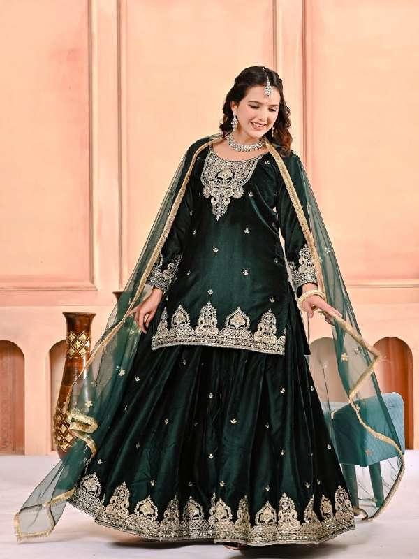 rudraksh indian velvet designer stitched green sharara suit