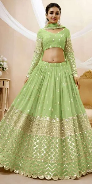 rudraksh a soft pistachio green georgette fabric adorned with delicate zari and sequin butti work sequin work lehenga choli