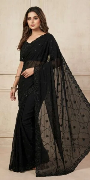 rudraksh new designer writi pure fox geogateet fabric with beautiful original black beeds work regular wear saree