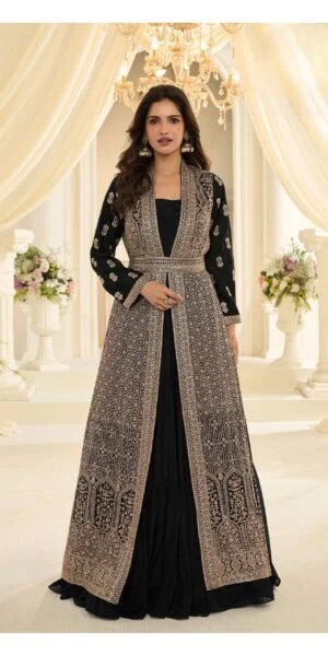rudraksh tredy festive look embroidered jacket with belt and chinon silk gown