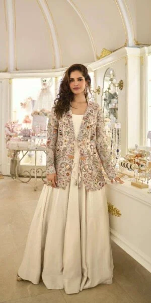 rudraksh belina new catlog stylist wedding full heavy look front and back work jacket with silk gown